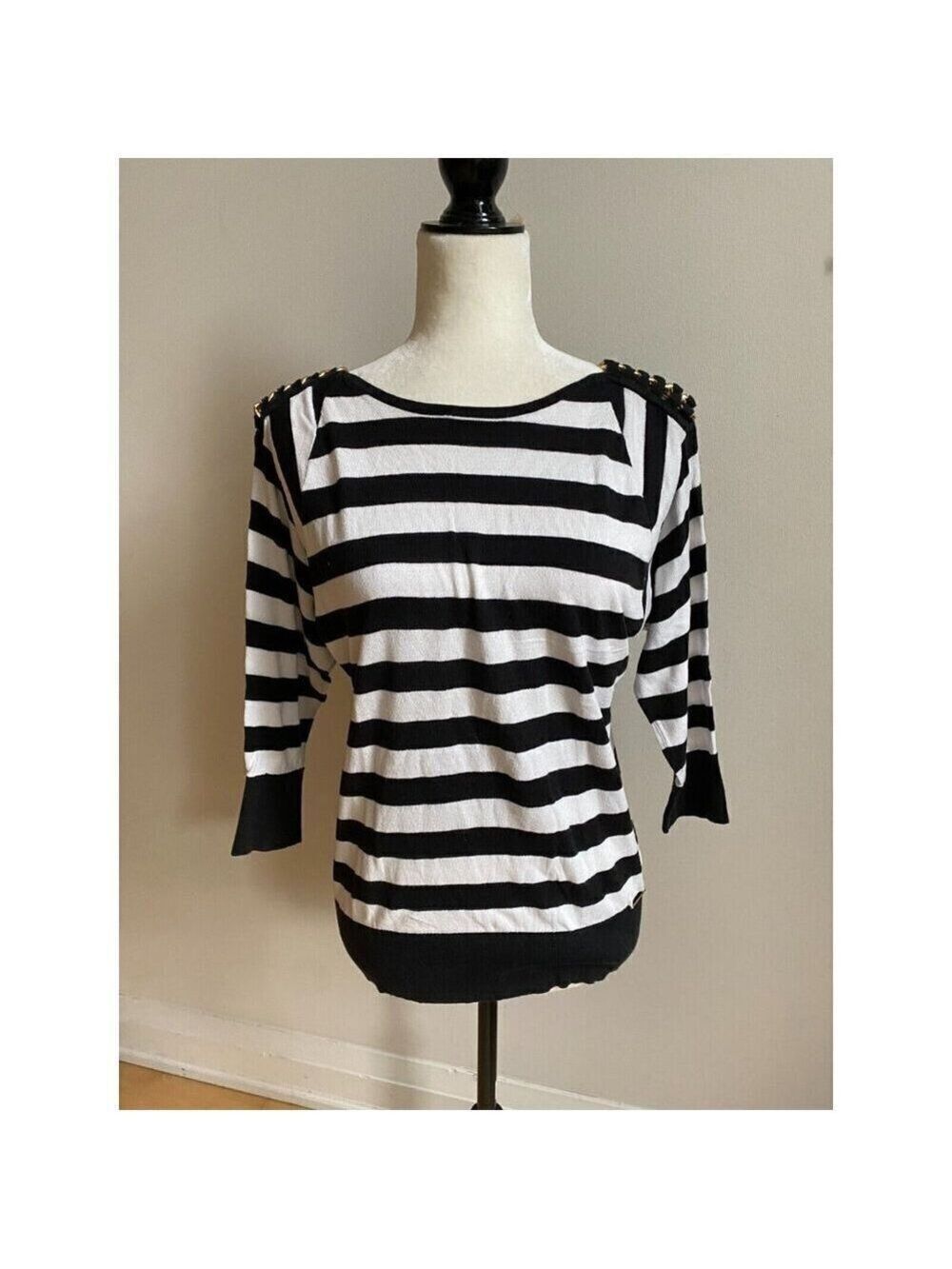 Micahel Kors women black white striped sweater sz small gold chain detail